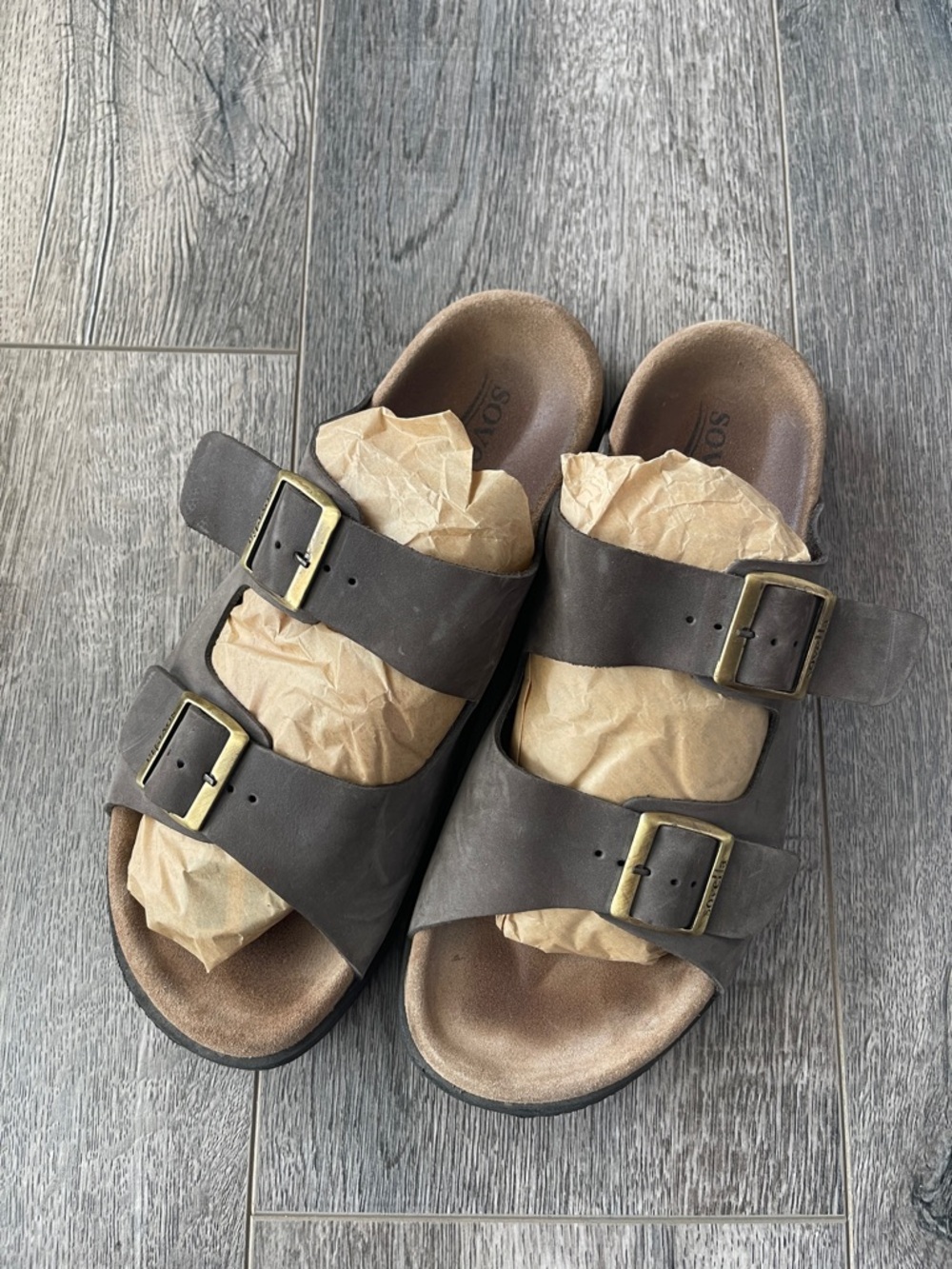 Classic Double-Buckle Brown Leather Slide Sandals
